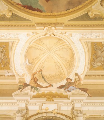 ジャンバッティスタ・ティエポロ（1696-1770）によるヴェネツィア、ストラ、ヴィラ・ピサーニの舞踏室の天井のフレスコ画の詳細 作： Giovanni Battista Tiepolo