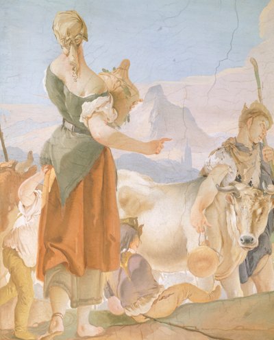 偶像を隠すレイチェル、ジャンバッティスタ・ティエポロ（1696-1770）作、フレスコ画、詳細、ウディネの大司教館 作： Giovanni Battista Tiepolo