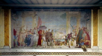 1574年にフェデリコ・コンタリーニによってヴェネツィアに迎えられたフランス王アンリ3世（1551-1589）がミラの別荘の入り口にいるところ。ジョヴァンニ・ティエポロ（1696-1770）による絵画 作： Giovanni Battista Tiepolo
