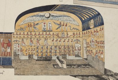 1818年にベルゾーニが発見・開封したテーベのプサンムティスの墓の一部（手彩色リトグラフ 作： Giovanni Battista (after) Belzoni