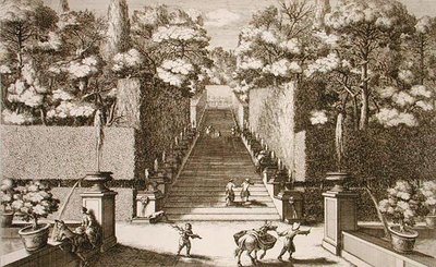 ジョヴァンニ・フランチェスコ・ヴェントゥリーニ（1650-1710）が1675-90年頃に出版した「Le Fontane」より、ティヴォリのヴィラ・デステの大階段。 作： Giovanni Battista (after) Falda