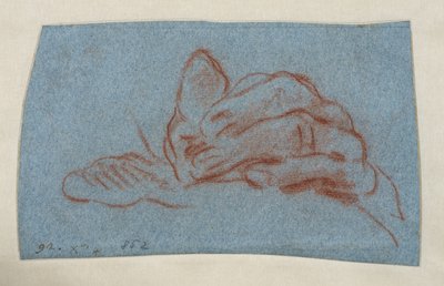 左手の習作 1750-1754年頃 青の敷紙に赤チョーク、スタンピング 作： Giovanni Battista (attr. to) Tiepolo