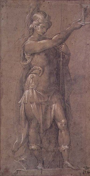 ミネルヴァ、1605-09年頃（紙の上に白で黒チョークを高く） 作： Giovanni Battista 1567 1633 Crespi