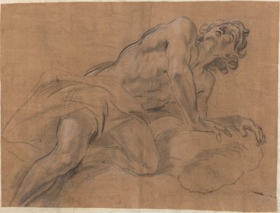 雲に寄りかかって上を見つめる裸の若者 作： Giovanni Battista Beinaschi