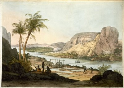 1822年に出版された、エジプトとヌビアでの研究の実例となるプレートからのアブシンブルの2つの寺院の外観 作： Giovanni Battista Belzoni