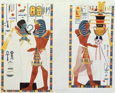 チャールズハルマンデル（1789-1850）1820-22によって彫刻されたG.ベルゾーニによって発見されたテーベの王の墓からの2つの壁画、「エジプトとヌビアの研究のプレートの図解」からのプレート5 作： Giovanni Battista Belzoni