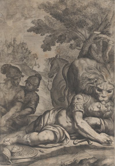 倒れた騎手の上にライオン、左に他の 2 人の兵士、1640 年から 70 年。 作： Giovanni Battista Bonacina