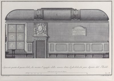 プレート 4: ボローニャ研究所のホールの断面図、r... への入り口、1756 年。 作： Giovanni Battista Brostoloni