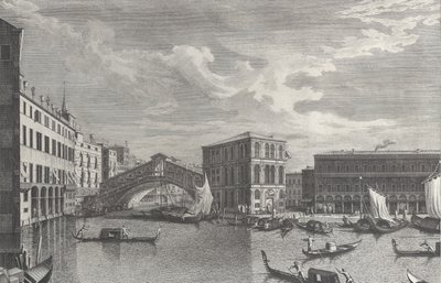 ヴェネツィアのリアルト橋、ボートとゴンドラが水中にある、1763年。 作： Giovanni Battista Brostoloni