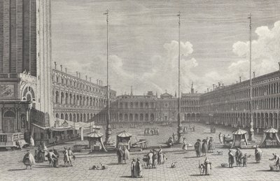 サン マルコ広場の眺め、遠端にサン ジェミニアーノ教会、人物と..., 1763. 作： Giovanni Battista Brostoloni