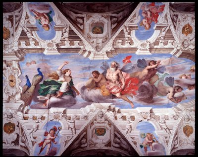 ジュノーはアイオロスにアイネアスの旅を阻止するように頼む（Fresco 作： Giovanni Battista Carlone