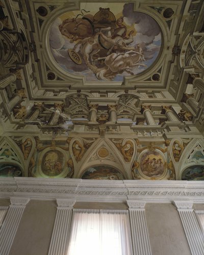La chute de Phaeton (Phaethon) (1625) - Carloneによるだまし絵のフレスコ画 - 中世の古い城のホールの天井 (1320) - Cagnes sur Mer (Cagnes-sur-Mer), Alpes Maritimes (Alpes-Maritimes) (06) 作： Giovanni Battista Carlone
