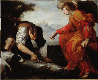 大天使ラファエルに出会うトビー」（Tobias Meets the Archangel Raphael）ジョヴァンニ・バッティスタ・カルローネ（1592-1677）画 17世紀 ジェネ、ストラーダ・ヌオーヴァ美術館（元パラッツォ・ビアンコ）所蔵 作： Giovanni Battista Carlone