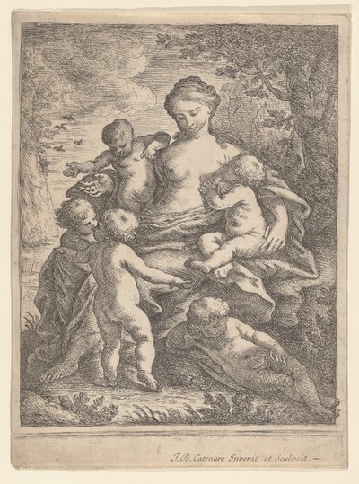 5人の裸の子供に囲まれた風景の中に座っている慈善団体、1692-1727. 作： Giovanni Battista Catenaro