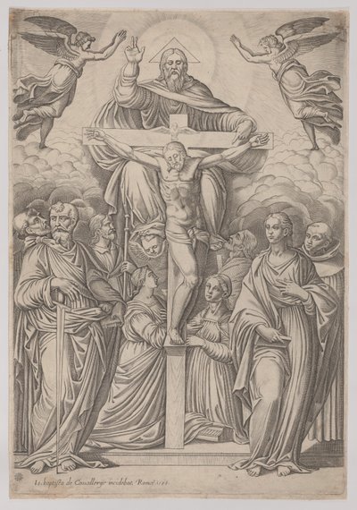 三位一体、中央に磔刑、両側に聖人、1586年。 作： Giovanni Battista Cavalieri