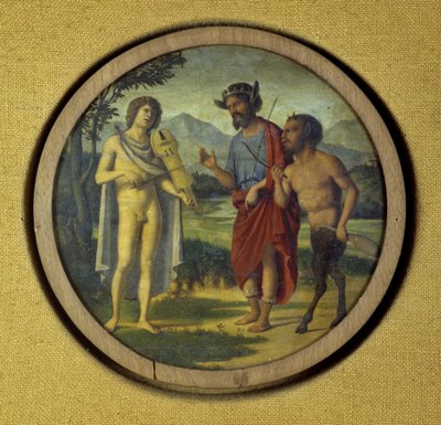 竪琴を持ったアポロとマルシアスのイラストが描かれた鍵盤楽器カバー 作： Giovanni Battista Cima da Conegliano