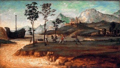 "Paysage cotier avec deux hommes faisant un duel" (二人の男が決闘する海岸の風景) Peinture de Giovanni Battista Cima da Conegliano (vers. 1459-1517), c 1510 - 油彩・木, 32x53 - Staatliche Museen, Berlin 作： Giovanni Battista Cima da Conegliano