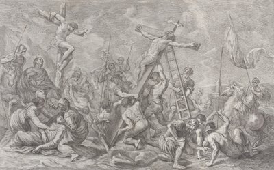 はりつけ、十字架が中央に下げられ、兵士がいたるところにあり、泥棒が...、1762年. 作： Giovanni Battista Cipriani