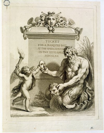 4月26日のオペラハウスでの仮面舞踏会のチケット。フランチェスコバルトロッツィ（1727-1815）、1770年に彫刻 作： Giovanni Battista Cipriani
