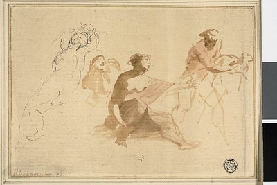 つのスケッチ：裸の子供、子羊を連れた男に手を差し伸べる女 作： Giovanni Battista Cipriani