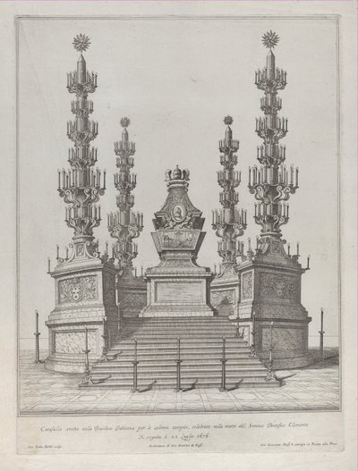 教皇クレメンス 10 世のカタファルク: 15 段の台の上に建てられた中央の建造物で、c..., 1676 年. 作： Giovanni Battista Falda