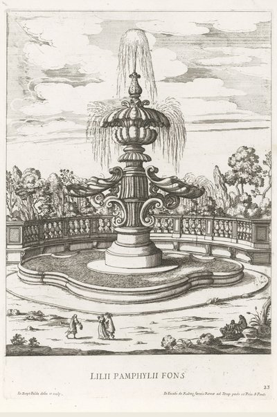 ローマのヴィラ ドーリア パンフィーリの庭園の噴水 Lilii Pamphylii fons (オブジェクトのタイトル) Le fontane ne palazzi e ne giardini di Roma (シリーズタイトル) ローマの宮殿と庭園の噴水 (シリーズ タイトル) 作： Giovanni Battista Falda