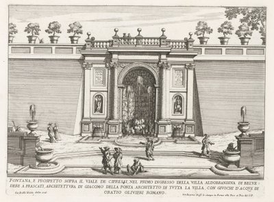Fontein in de tuinen van de Villa Aldobrandini te Frascati 糸杉通りの上の噴水と立面図 (...) (オブジェクトのタイトル) フラスカーティのヴィラの噴水 (シリーズ タイトル) フォンテイネン・ヴァン・フラスカーティ（シリーズタイトル） 作： Giovanni Battista Falda