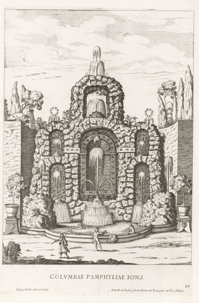 ローマのヴィラ ドーリア パンフィーリの庭園にあるハトの噴水 Columbae Pamphyliae fons (オブジェクトのタイトル) Le fontane ne palazzi e ne giardini di Roma (シリーズタイトル) ローマの宮殿と庭園の噴水 (シリーズ タイトル) 作： Giovanni Battista Falda