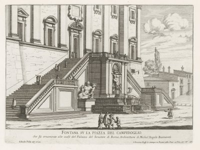 ローマの国会議事堂のパラッツォ セナトリオ前の噴水 Fontana su la Piazza del Campidoglio (オブジェクトのタイトル) Fontane di Roma (シリーズタイトル) ローマの噴水 (シリーズタイトル) 作： Giovanni Battista Falda