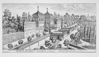 「近代ローマの視点から見た新しいファブリカ劇場と建物」から、ローマのカンポヴァッキノに向かってパラティーノの丘にあるパルマ公爵の庭園が公開されました。 作： Giovanni Battista Falda