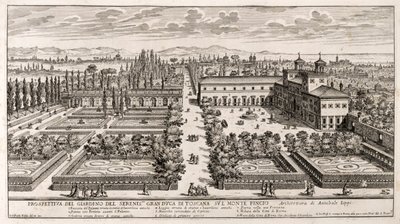 Giovanni Battista Falda (1640 または 1643-1678) による Li Giardni (The Gardens) からの彫刻、ローマのヴィラ メディチの庭園の展望 作： Giovanni Battista Falda
