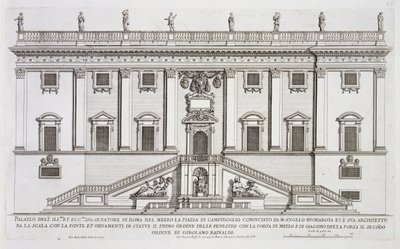ミケランジェロブオナローティ（1475-1564）が開始し、ジロラモライナルディ（1570-1655）が完成したローマ、カンピドリオ広場のパラッツォセナトリオのファサードの眺め 作： Giovanni Battista Falda