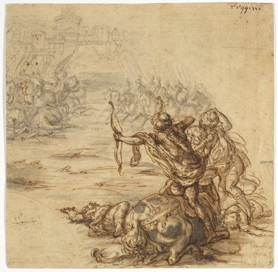 城壁に囲まれた都市の外の戦いのシーン、17世紀 作： Giovanni Battista Foggini
