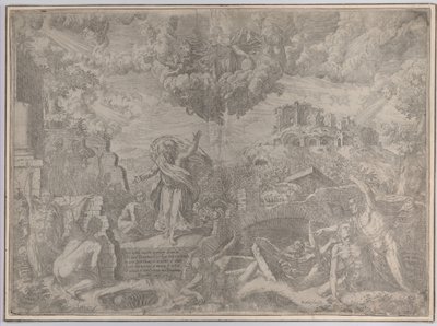 エゼキエルのビジョン、死人がよみがえり、肉を身にまとい、父なる神が上に…、1579年。 作： Giovanni Battista Fontana