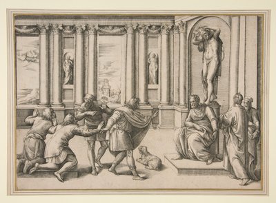 聴衆を迎えるバッカス像の下に座る男性 作： Giovanni Battista Franco (called Il Semolei)