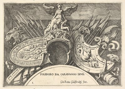 プレート 1: 2 階の窓の上の装飾からのローマの武器のトロフィー.., 1656-58. 作： Giovanni Battista Galestruzzi