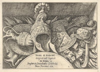 プレート 5: ... の 2 階の窓の上の装飾からのローマの紋章のトロフィー、1658 年。 作： Giovanni Battista Galestruzzi
