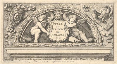 Poloidoro の後の版画シリーズのタイトルプレート、2 つのプッチで支えられた盾のタイトル、1658 年。 作： Giovanni Battista Galestruzzi
