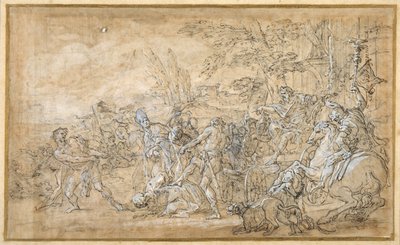 ローマの将軍の凱旋車の前に引きずり出され、縛られている司教を含む捕虜たち（クリーム色の紙に黒チョークで下描きした上に、ペンと茶色のインク、ペンは白のボディカラーで盛り上げられている）。 作： Giovanni Battista Lenardi