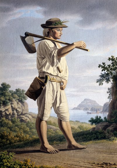 カンピ・フレグレイを背景にした農夫」ジョバン・バティスタ・ルジエリ（1755年頃～1821年）紙に水彩画、32×23cm、イタリア 作： Giovanni Battista Lusieri