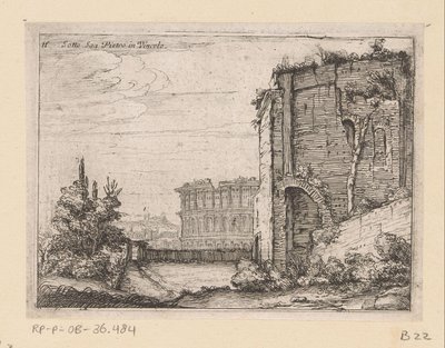 古代の建物とローマのコロッセオの遺跡 ヴィンコロのソット サン ピエトロ (オブジェクトのタイトル) ローマの景色 (シリーズ タイトル) Alcune vedute et prospettive di luoghi dishabitati di Roma (シリーズタイトル) 作： Giovanni Battista Mercati