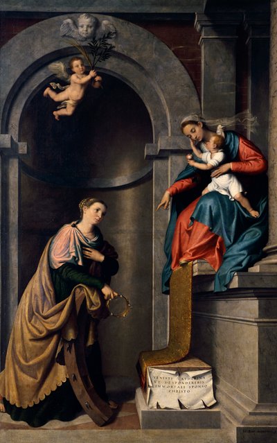 聖カタリナの結婚 ジョヴァンニ バティスタ モローニ作 (1525年頃 - 1578年)、カンバスに油彩、聖バーソロミュー教会、アルメンノ 作： Giovanni Battista Moroni