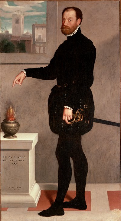 ピエトロ・セッコ＝スアルディ伯爵の肖像 ジョヴァンバッティスタ・モローニ（Giovanbattista, Giovanni Battista）（1529年頃～1578年）の絵画 1563年日。182x102 cm フィレンツェ、ウフィッツィ美術館（Uffizi 作： Giovanni Battista Moroni