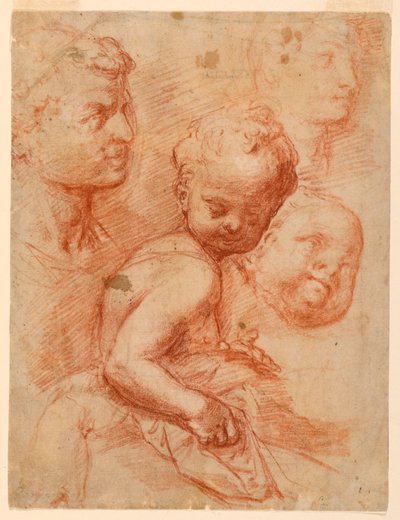 素描、男性、女性、子供の頭部の習作、座っている子供、1570年頃 作： Giovanni Battista Naldini