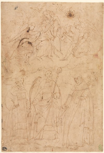 三聖人の上の栄光の聖母子c。 1570。 作： Giovanni Battista Paggi