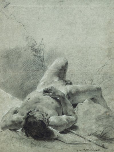 標準の上に横たわっている、銀行の上に背中を横たえたヌードの若者、 作： Giovanni Battista Piazzetta