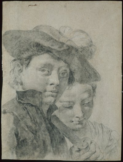 羽毛帽子をかぶった少年と少女 作： Giovanni Battista Piazzetta