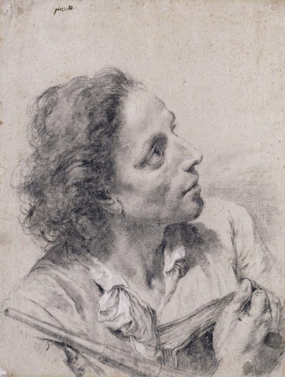 本と望遠鏡を持って、右を見上げる天文学者、 作： Giovanni Battista Piazzetta