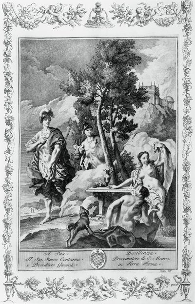 幸福な島のカルロとウバルド」ジョヴァンニ・バッティスタ・ピアゼッタ（1683-1754）によるトルカート・タッソ（1544-1595）の『届けられたエルサレム』のカント15のためのエングレーヴィング、ジョヴァンニ・バッティスタ・アルブリッツィ版、ヴェネツィア、イタリア 作： Giovanni Battista Piazzetta