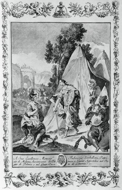 エルサレムを包囲する十字軍」ジョヴァンニ・バッティスタ・ピアゼッタ（1683-1754）による彫刻、トルカート・タッソ（1544-1595）の『エルサレムを届ける』のカントIIIのためのもので、イタリア・ヴェネツィアのジョヴァンニ・バッティスタ・アルブリッツィ社から出版されています。 作： Giovanni Battista Piazzetta